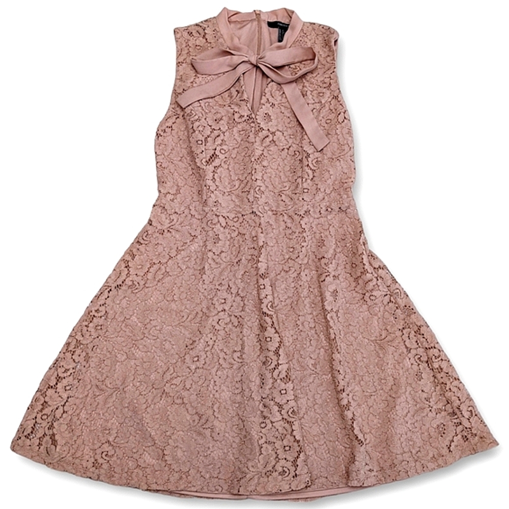Forever 21 Lace Fit & Flare Mini Dress Bowtie Neck Dusty Rose